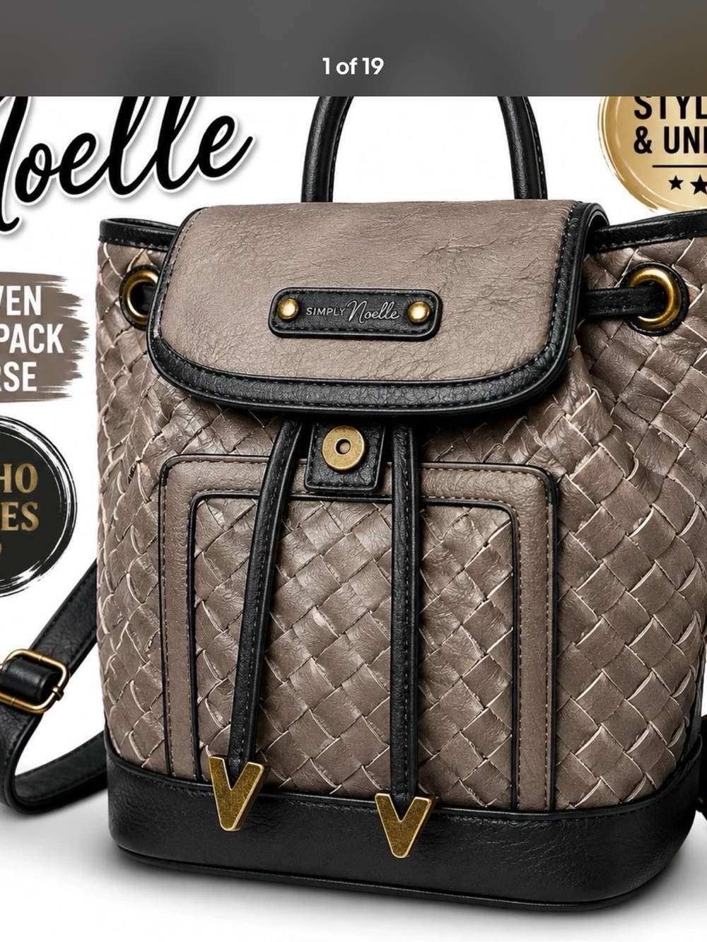 Simply Noelle Woven Backpack Purse Gray Black Boho Drawstring Shoulder Bag